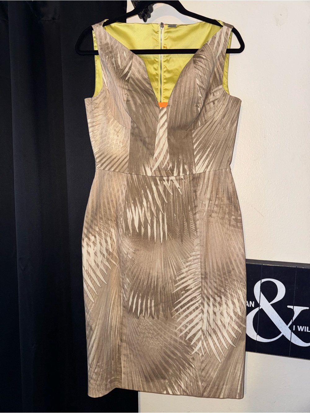 Elie Tahari Taupe Palm-Print Sheath Dress with Lemon Lining